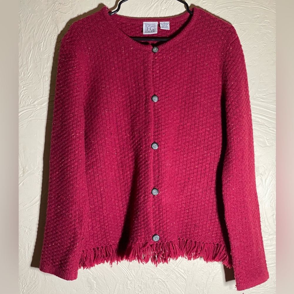 Vtg Field Gear Lambswool Blend Knit Cardigan Sweater Fringe Hem Cranberry Red M